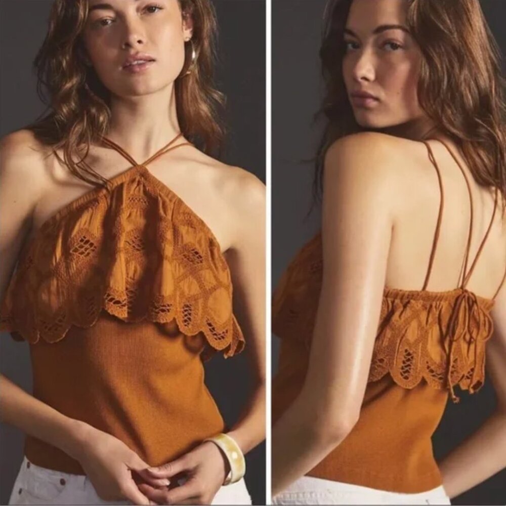 Anthropologie Ruffled Embroidered Halter Tie Back Tank Top Honey Brown Medium
